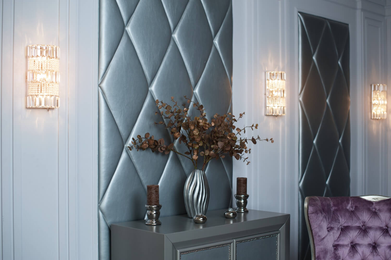 Silver Soft Wall Panels with Stitching for Elegant Florida Home Interiors